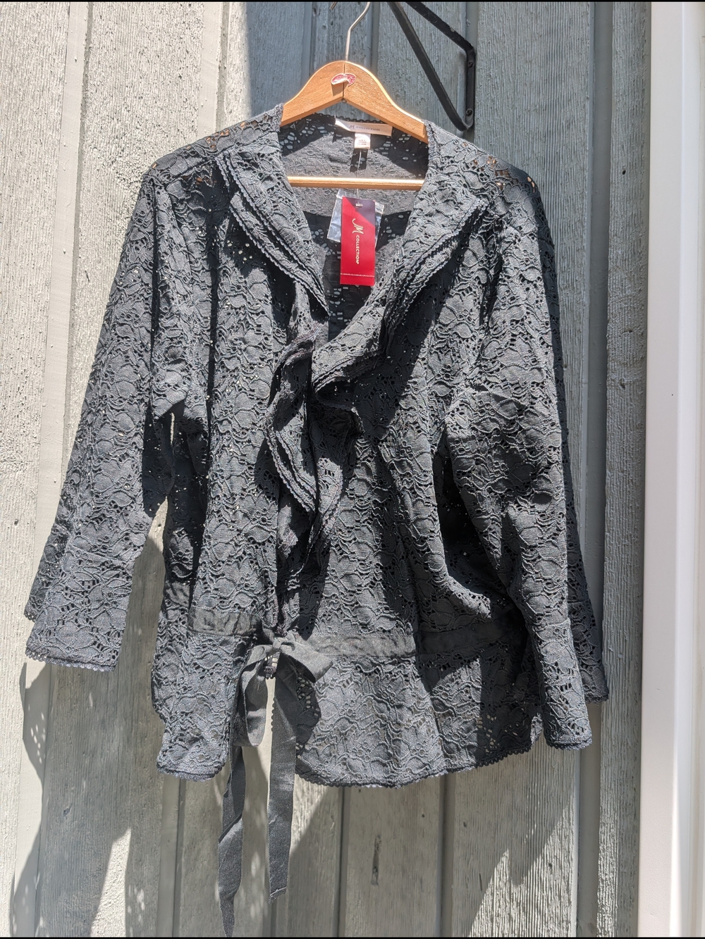 JM Collection Black Eyelet Lace Tie-Waist Jacket